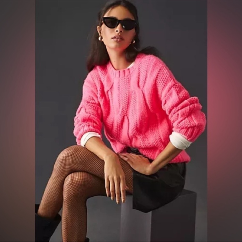 Maeve for Anthropologie Oversized Cable Knit Pink Oversized Wool Blend Sweater